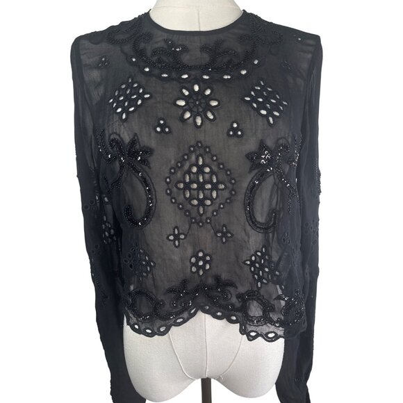 ZARA Black Sheer Small Long Sleeve Embroidered Beaded Blouse - Picture 6 of 16